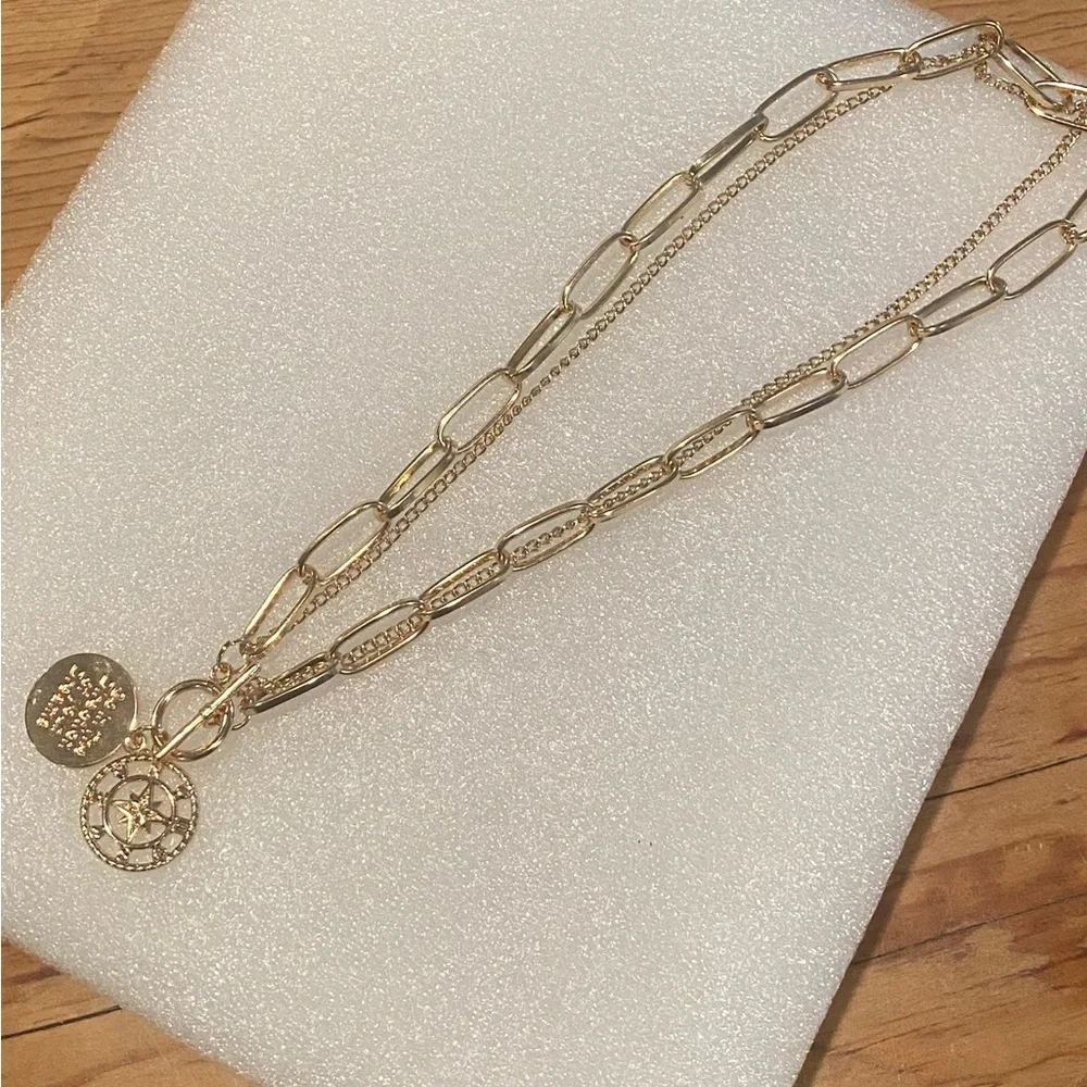 Golden Layered Paperclip Chain, Toggle Clasp, Compass Pendant, Engraved Quote!